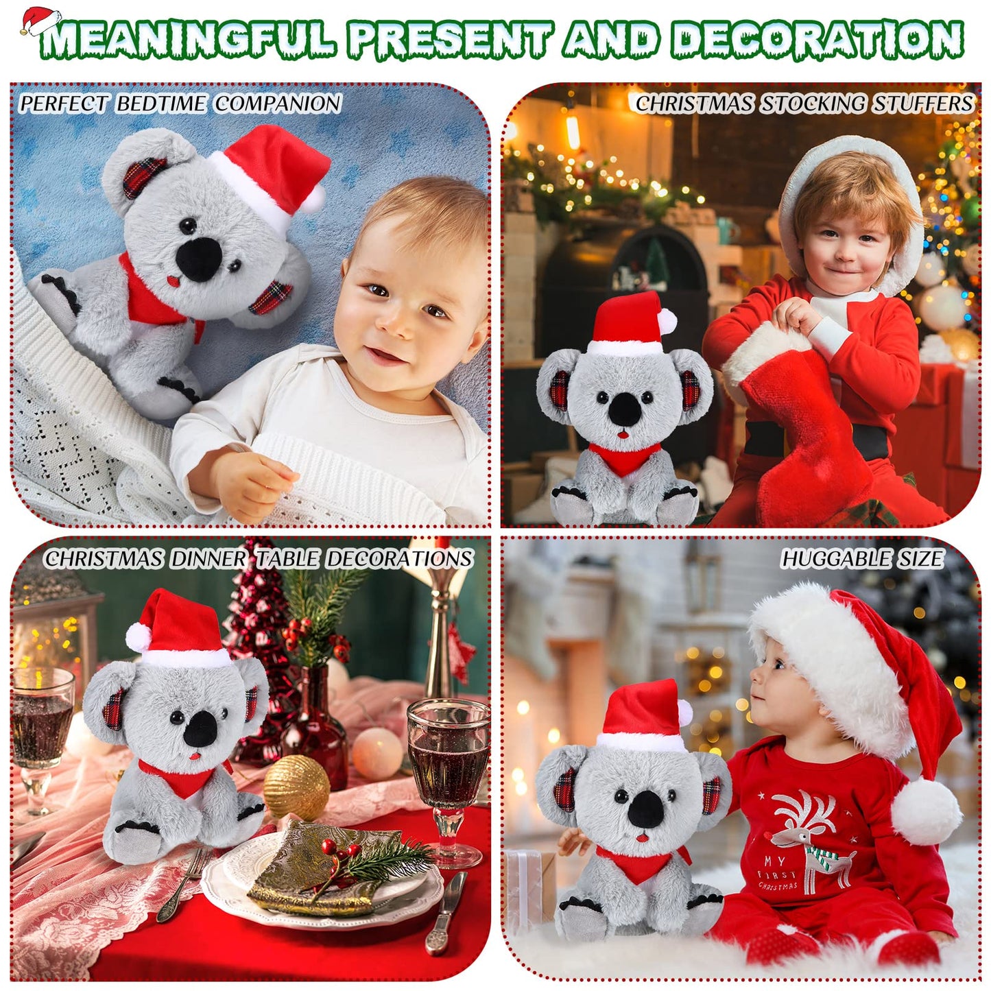 Threan 8 Inch Christmas Stuffed Animal Christmas Plush Doll with Santa Hat for Holiday Decoration Winter Gifts(Koalas Style)