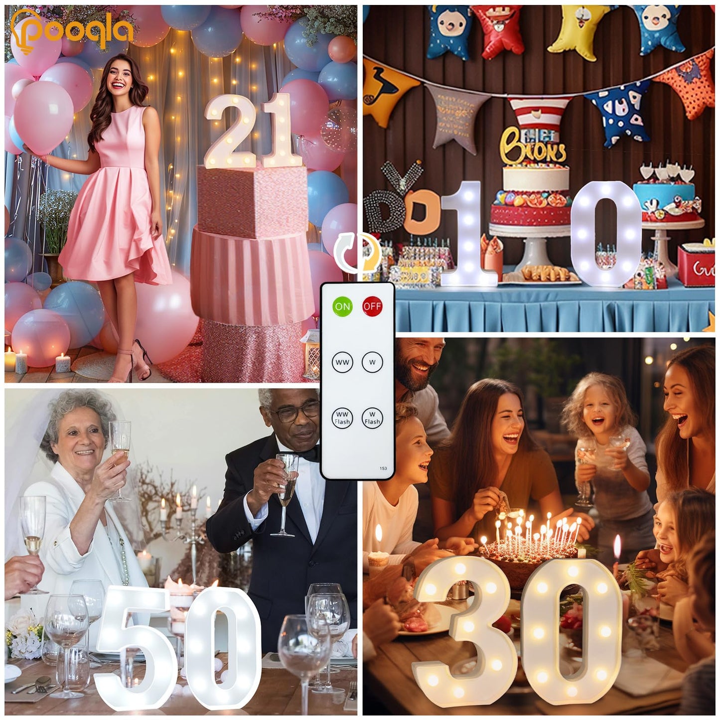 Pooqla LED Light Up Numbers, Marquee Number with Remote for 4th Birthday Decoration, Lighted Numbers Gift for Boys Girls Party Backdrop Wedding Anniversary Decor, Warm White and Cool White Number 4