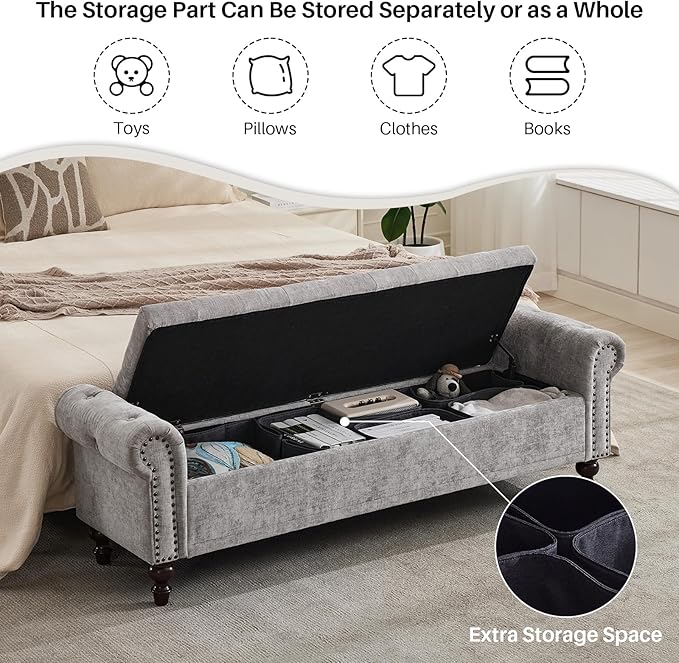 SOFTHION Storage Bench for Bedroom, Upholstered Chenille Storage Ottoman