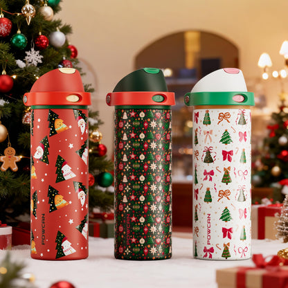 POWCAN 24 oz Christmas Insulated Water Bottle: 2-in-1 Push-Button Spout & Quick-Flip Straw, Leakproof, Fits in Car Cupholder, Stainless Steel Water Bottle for Holiday Gift, Sports, School (Jingle Joy)