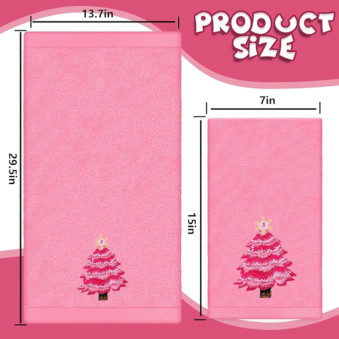 3Pcs Christmas Pink Hand Towel Set Cotton Xmas Tree Santa Snowman Bathroom