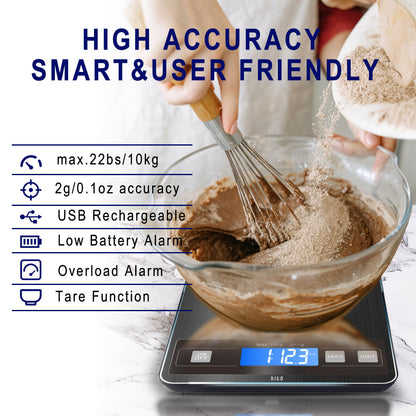 hito Food Scale 22lb Digital Kitchen Scale Rechargeable Waterproof Weight Grams and oz 1g/0.1oz Precise, for Weight Loss, Cooking and Baking, Black