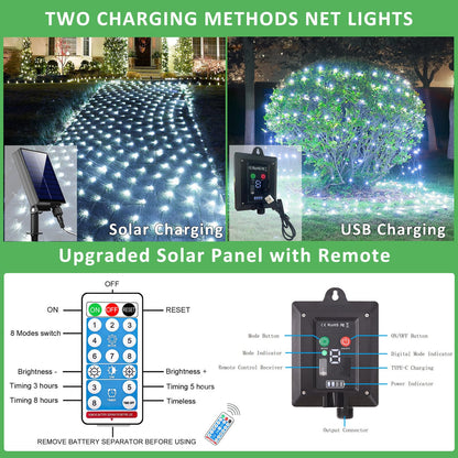 21ft x 5ft Solar Net Lights Outdoor, Solar & USB 2 Power Way 360 LED Waterproof Mesh Lights for Bushes, Remote Control 8 Modes String Light Trees Patio Garden Christmas Indoor Decor (Cool White)