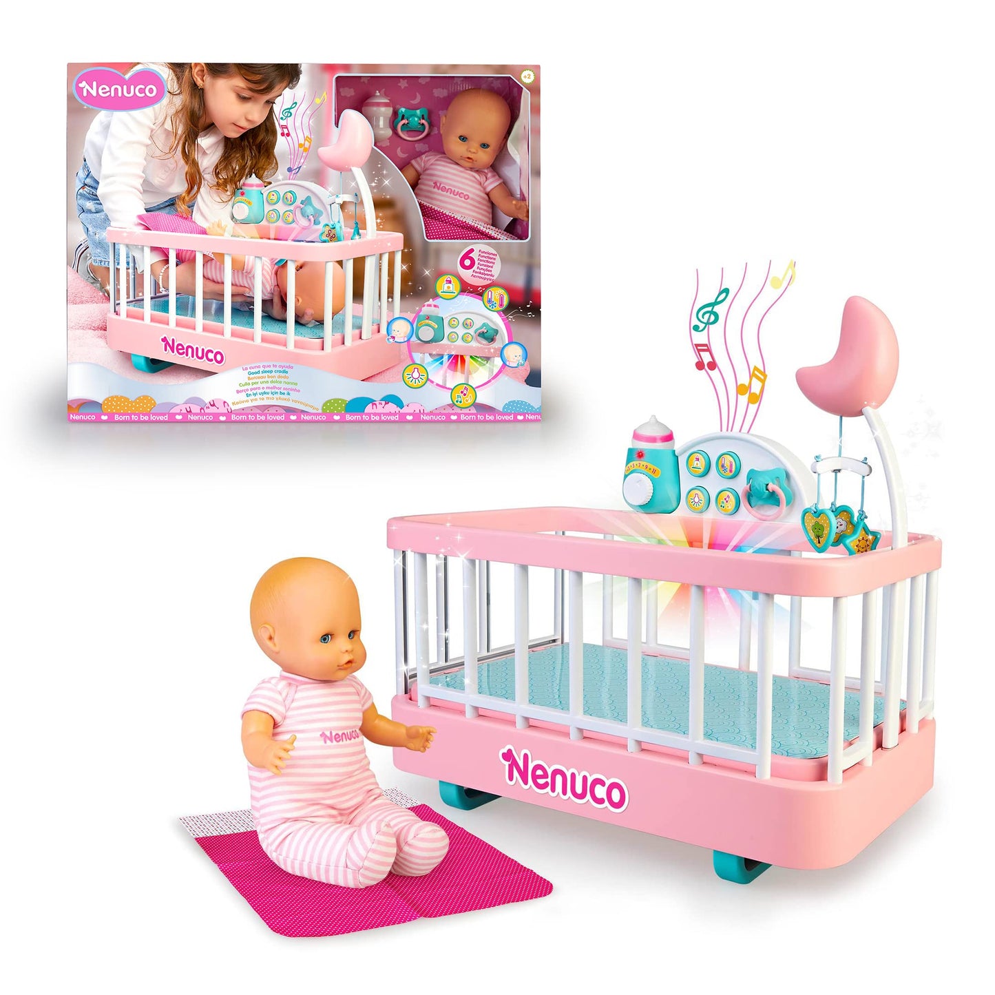 Nenuco - Good sleep cradle, interactive cot with lights and sounds, with a soft body doll for the youngest children and accessories such as bottle and soother, Famosa (700017203)