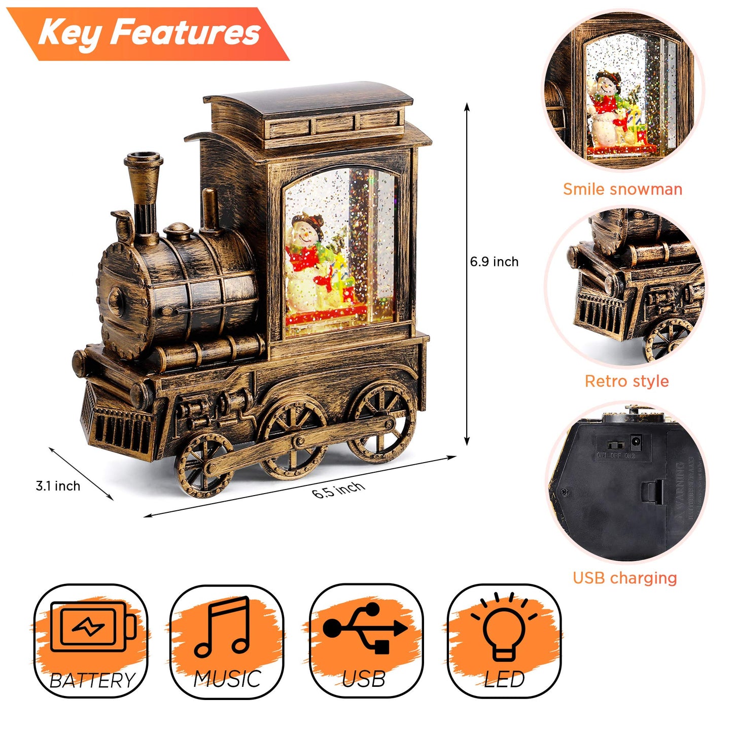 IPOW Christmas Snow Globe Lantern Train with Water Swirling Glitter, Musical and Lighted 6 Hours Timer USB Powered & Battery Operated Music Box for Christmas Home Decoration Gift, Snowman Scene