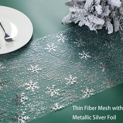 Snowkingdom 2 Pcs Christmas Snowflake Silver Table Runner 108 Inch Sparkly Silver Glitter Metallic Runners Decorations for Seasonal Winter Festival Holiday Home Party