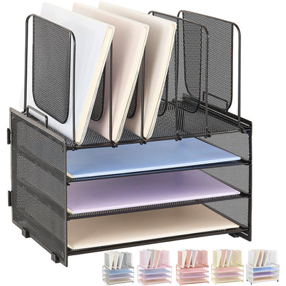 LEKETREE Desk Organizers and Accessories, 3-Tier Paper Organizer with 5 Vertical File Holders, File Folder Organizer (Black, 3T)