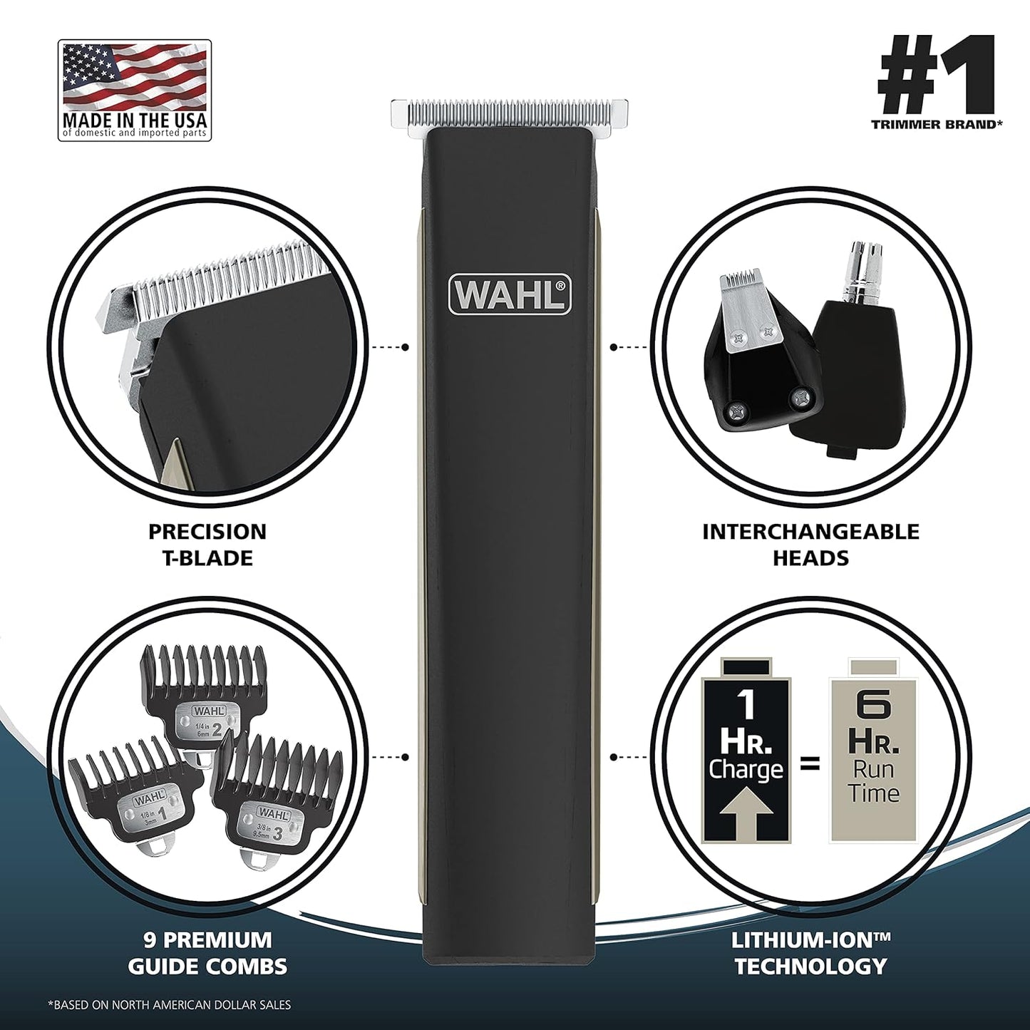 Wahl USA Rechargeable Lithium Ion 2.0 Beard Trimmer for Men - Facial Hair Trimmer with Precision T Blade for Grooming, Detailing Head, Light Touch Ups, Ear Nose & Eyebrow Model 9886-300