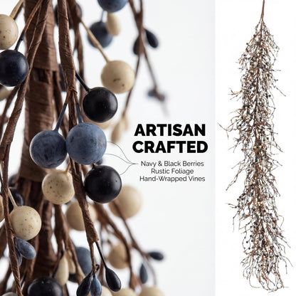 Quixem 60 Inch (5FT) Rustic Navy Blue Black & Cream Pip Berry Garland for Fireplace Mantel & Table Runner, Flexible Wired Artificial Vine, Coastal Farmhouse Decor, Precise Size