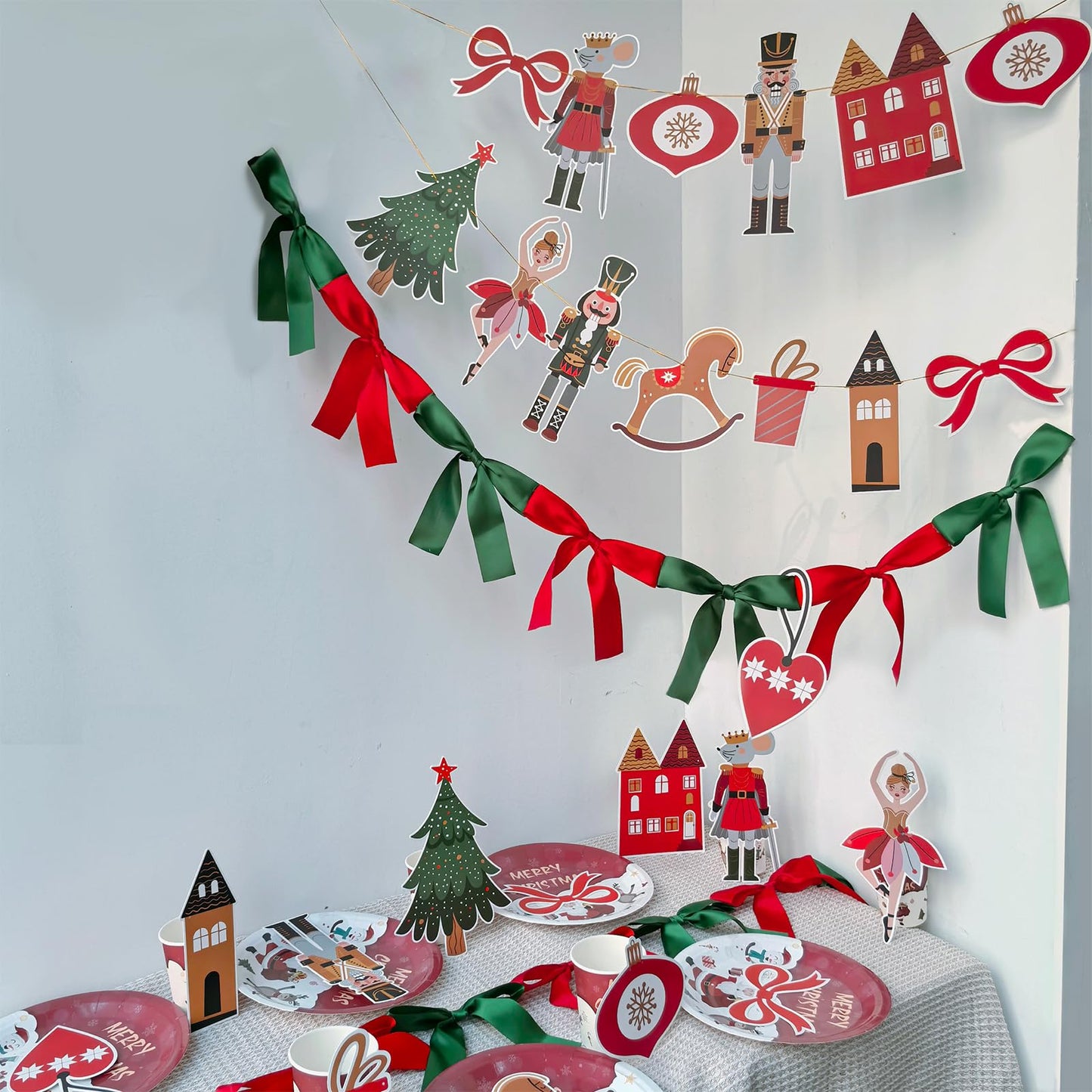 Eanjia Nutcracker Ballet Christmas Banner | Pack of 2|6ft Pre-Strung Satin Bow Garland Red & Green | 8ft DIY Paper Garland Mouse King,Tree, Bell,Castle Cutouts,for Xmas Hanging Sign Décor (Christmas)