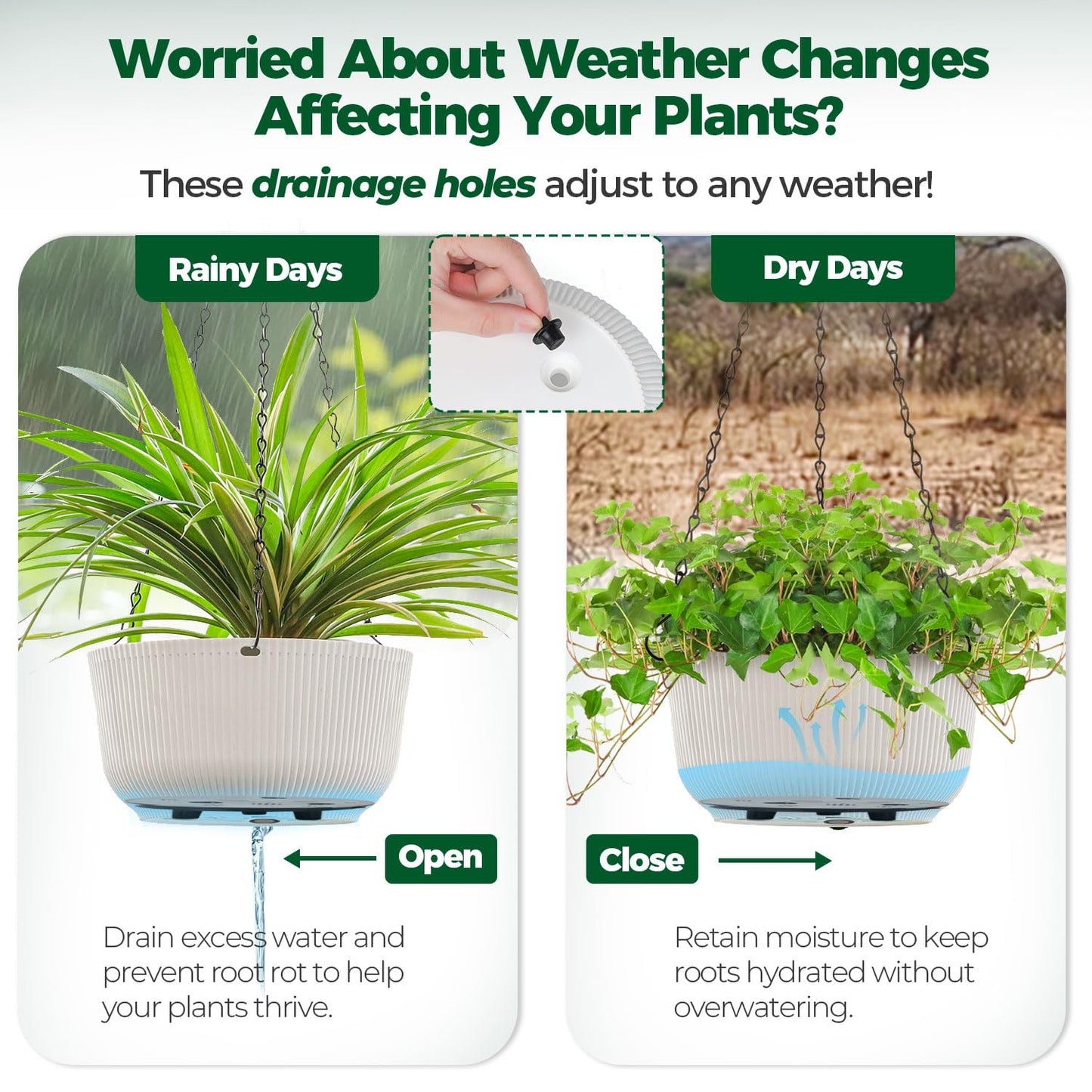 T4U Hanging Planter Self Watering 8 Inch, 2 Pack White Indoor Hanging Plant pots, Hanging Flower Pot with Drainage Hole & Plug & Chain with 3 Hooks for Garden Home Decor