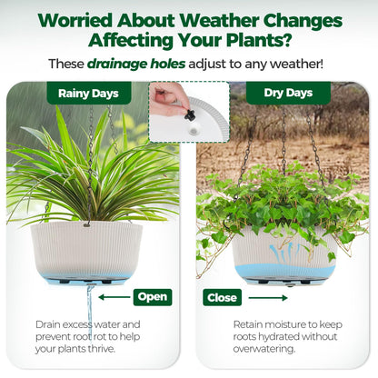 T4U Hanging Planter Self Watering 8 Inch, 2 Pack White Indoor Outdoor Hanging Plant pots, Hanging Flower Pot with Drainage Hole & Plug & Chain with 3 Hooks for Garden Home Decor