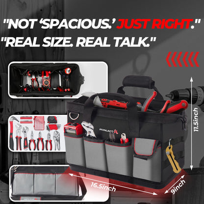 IRONLAND 16.5 Inch Hard & Sturdy Bottom Tool Bag Organizer for Men, Waterproof Heavy Duty Tool Bag with Handle & Large Zipper, Ideal for Mechanics Electrician Handyman Hvac, Great Gift for Dad