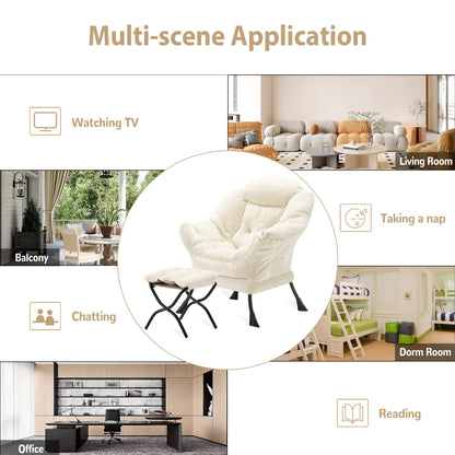 Youtanic Lazy Chair with Folding Ottoman, Accent Chair Plush Upholstered with Metal Structure and Non-Slip Pads, Sofa Armchair with Footrest and Side Storage Bag for Dorm, Room, Office, Beige