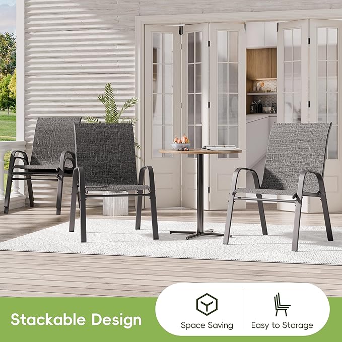 Patio Chairs Set of 2, Outdoor Dining Chairs Stackable for All Weather, Breathable Metal Modern Outside Furniture Chair for Pool Side, Garden, Backyard Deck, Dark Grey