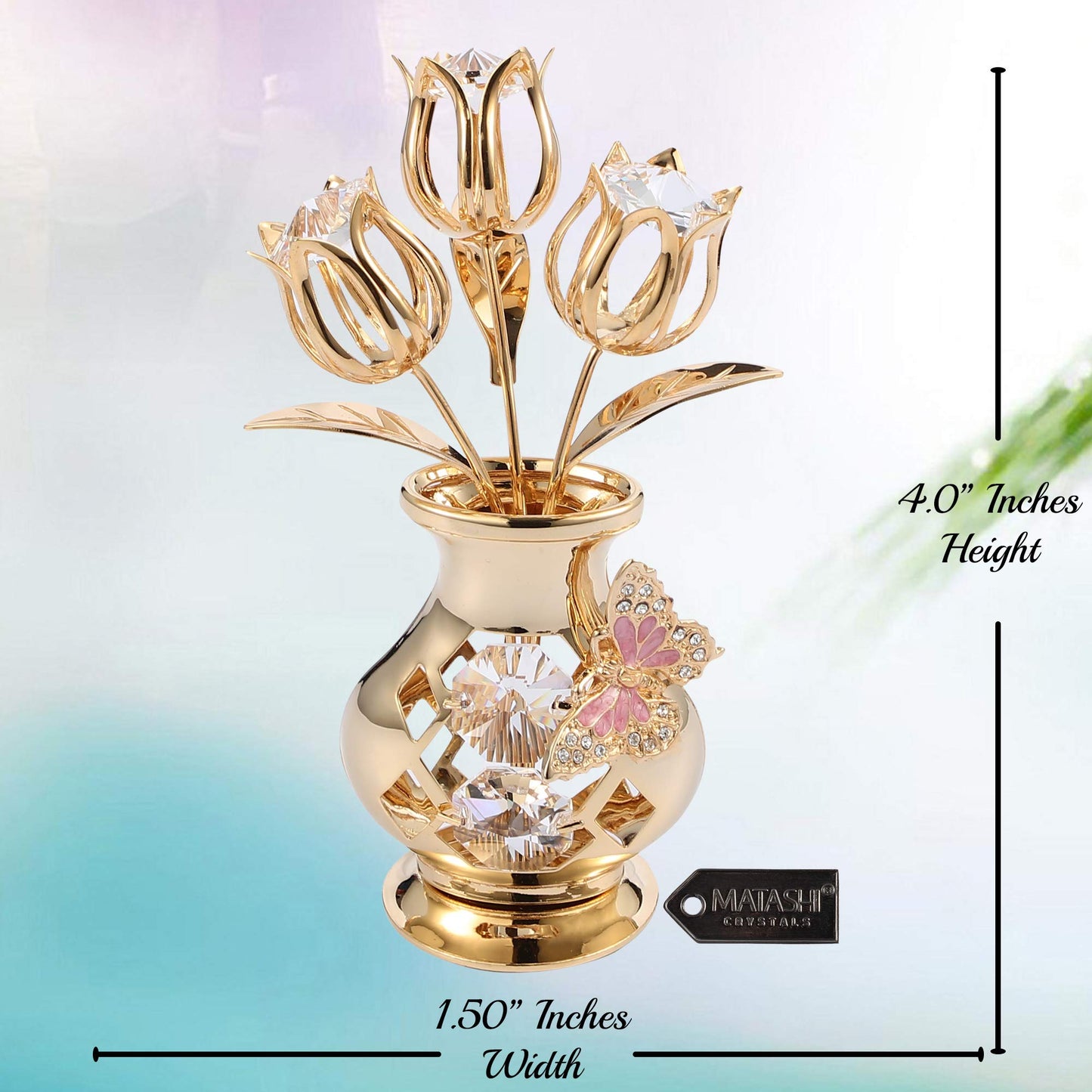 Matashi 24K Gold Plated Crystal Flower Figurine with Clear Crystals & Butterfly – Luxury Decorative Tulip Statue, Elegant Tabletop Home Décor, for Mother's Day, Valentine's Day, Christmas