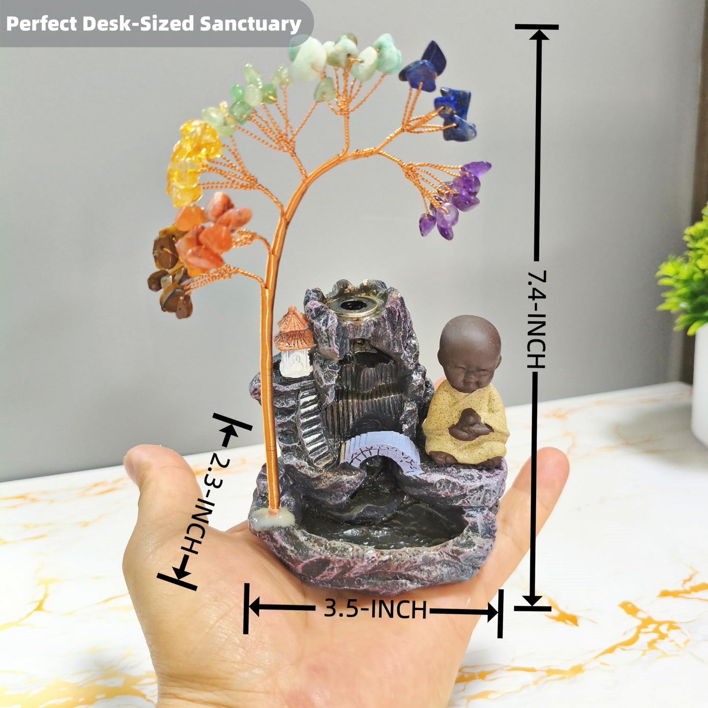 Buddha Incense Holder, Chakra Waterfall, Zen Incense Burner Backflow - 7.4" Gemstone Tree Waterfall, Desk Zen Fountain, Home Office Feng Shui Gift, Mother's Day, Birthday Gift