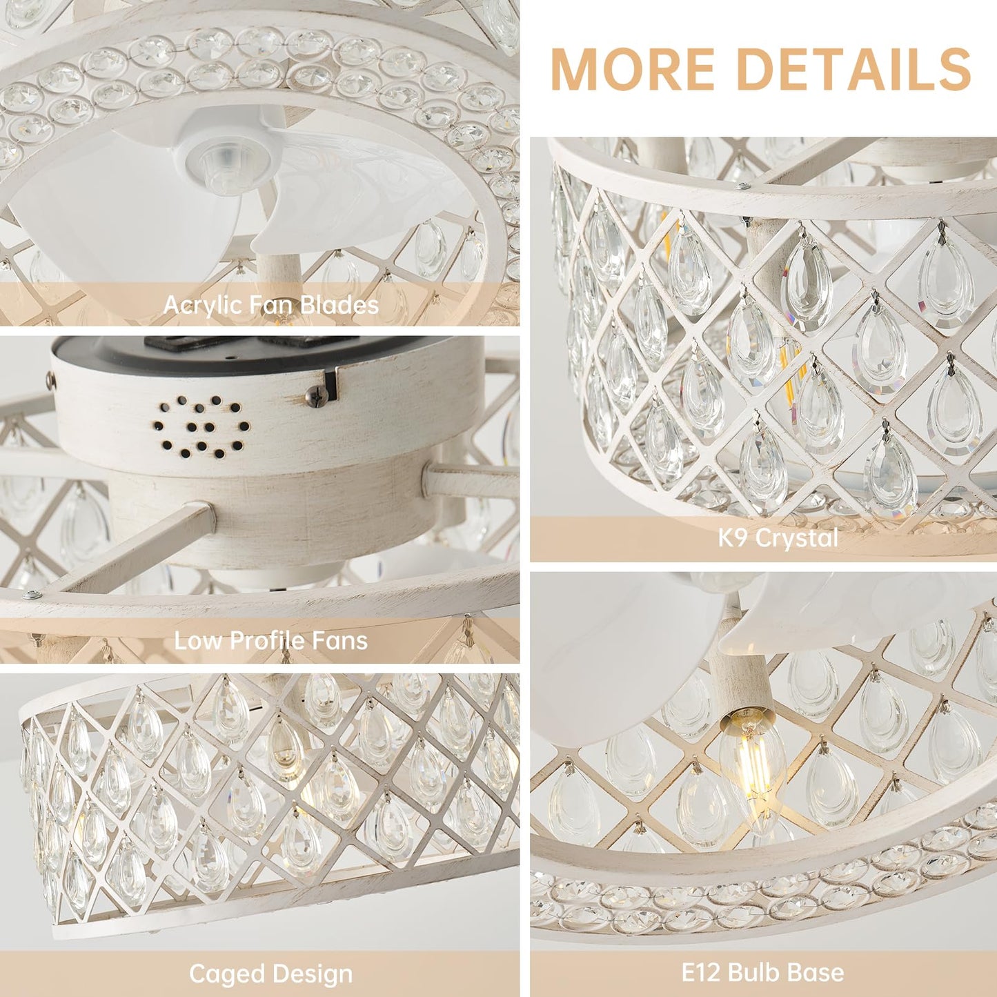 18 Inch Caged Ceiling Fans with Lights, Farmhouse White Crystal Fandelier Ceiling Fan and Remote/APP Control Low Profile Ceiling Fan for Bedroom Living Room Dining Room Kitchen Indoor, Including Bulb