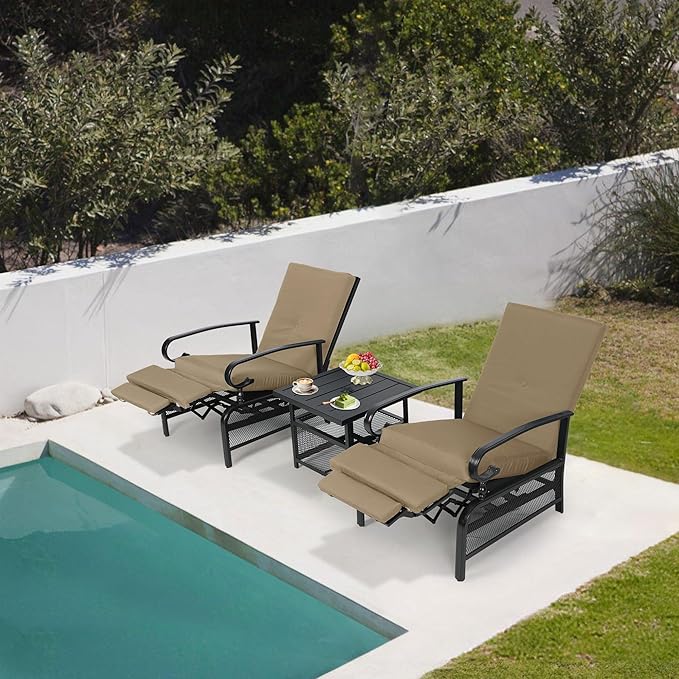 Oakcloud Adjustable Outdoor Lounge Chair Metal Patio Relaxing Recliner Chair Set with Bistro Table and Removable Cushions(Brown)