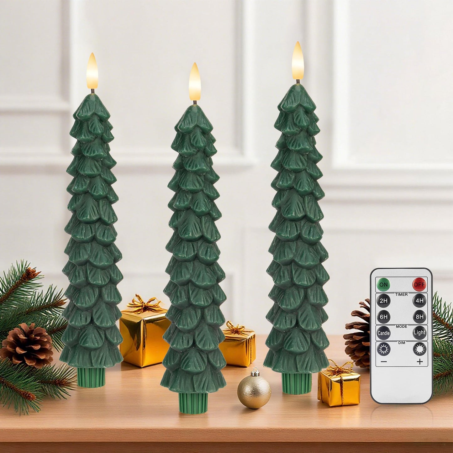 JOIONE Christmas Tree Flameless Taper Candles with Remote 3 Packs, Battery Operated Real Wax LED Candlesticks with 3D Flickering Flame, Perfect for Holiday, Christmas and Home Decor, Green