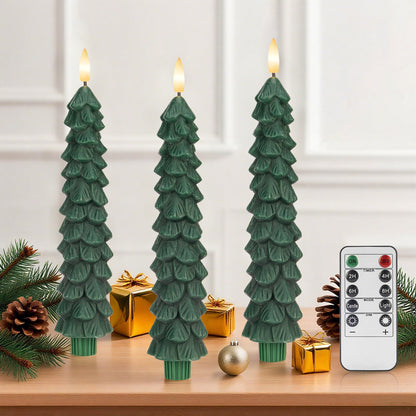 JOIONE Christmas Tree Flameless Taper Candles with Remote 3 Packs, Battery Operated Real Wax LED Candlesticks with 3D Flickering Flame, Perfect for Holiday, Christmas and Home Decor, Green