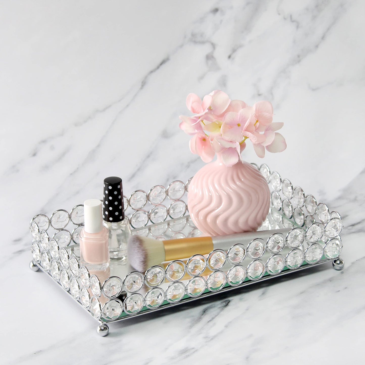 Elegant Designs HG1010-CHR Elipse Crystal Decorative Mirrored Jewelry or Makeup Cosmetic Perfume Vanity Organizer Tray, Chrome