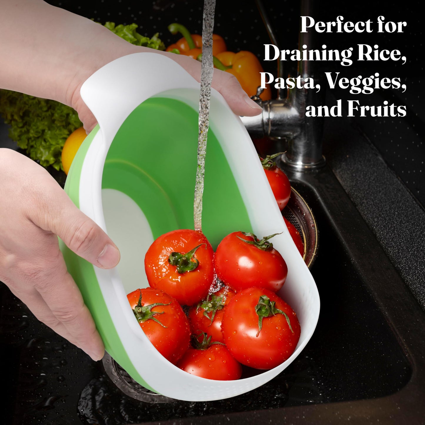 Kitchen Gizmo Snap N' Strain Clip On Strainer for Pots and Pans - Collapsible Silicone Pasta Strainer and Kitchen Gadget for Cooking - Easy to Use, Heat Resistant and Space Saving Colander - Green