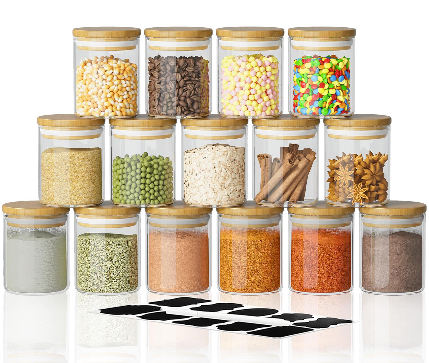 15Pcs 6oz Glass Spice Jars, Airtight Bamboo Lid Containers with Labels
