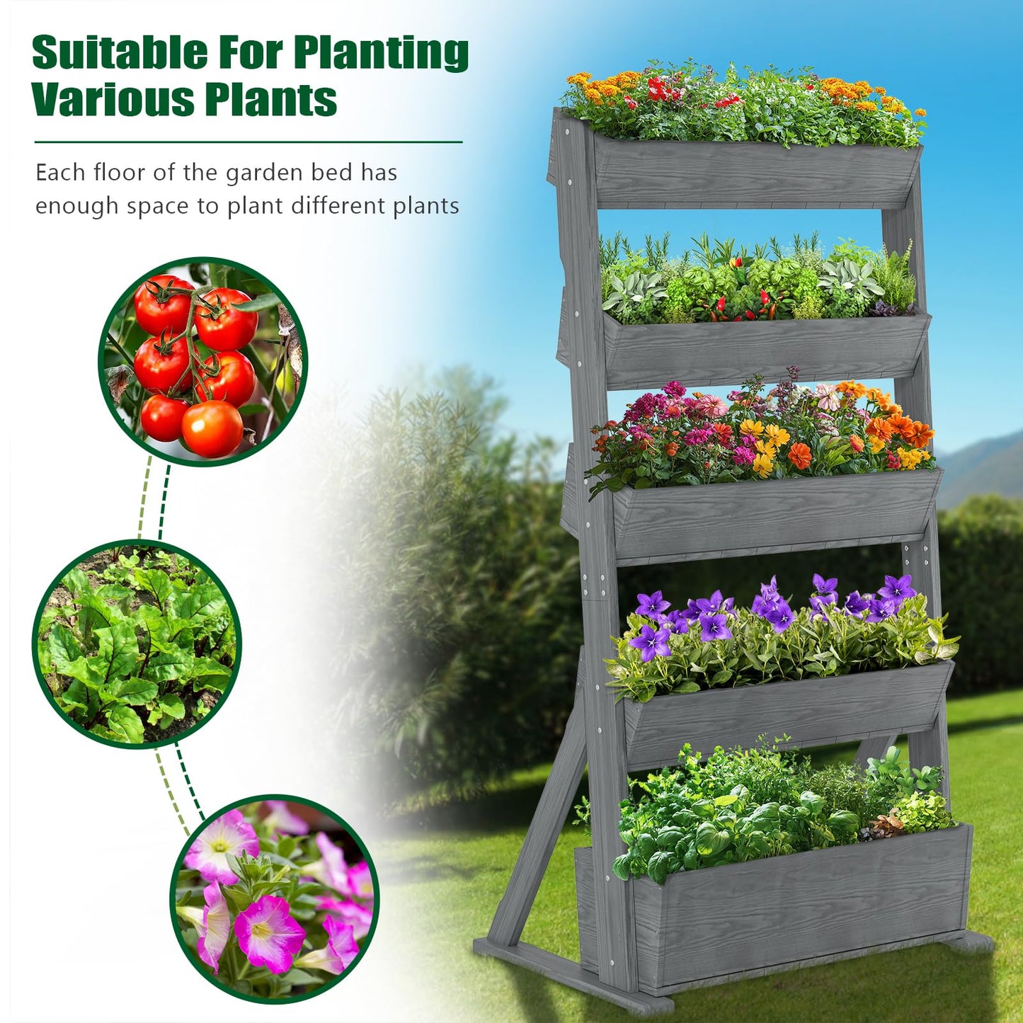 SUNYRISY 5 Tiers Vertical Raised Garden Bed Outdoor Planter Tower, Wooden Freestanding Planter Box for Planting Herbs Flowers Vegetables Backyard Patio Balcony Indoor Outdoor Gardening, Grey