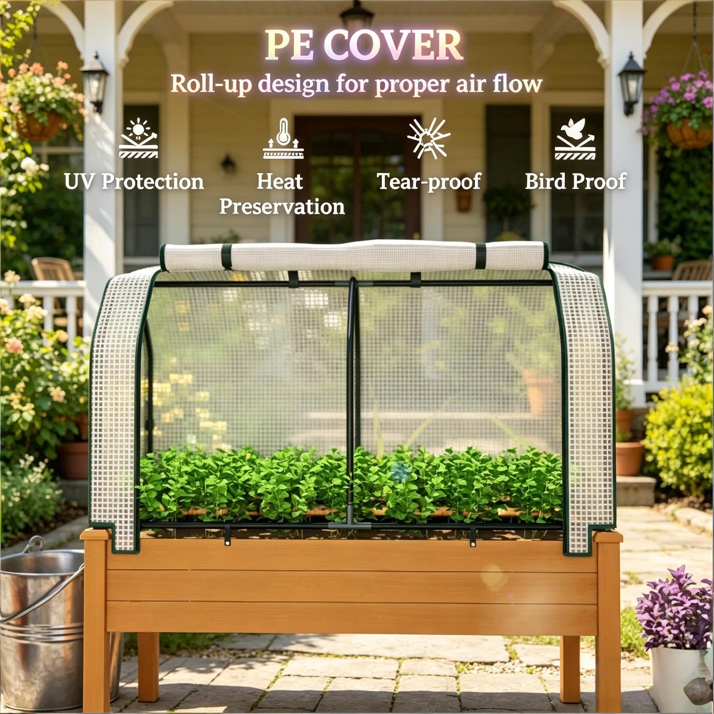 NOXJUQU Raised Garden Bed with Retractable Cover & Small Greenhouse, Elevated Wood Planter Box for Herbs Vegetables Flowers, Suitable for Patio Backyard Balcony Gardening