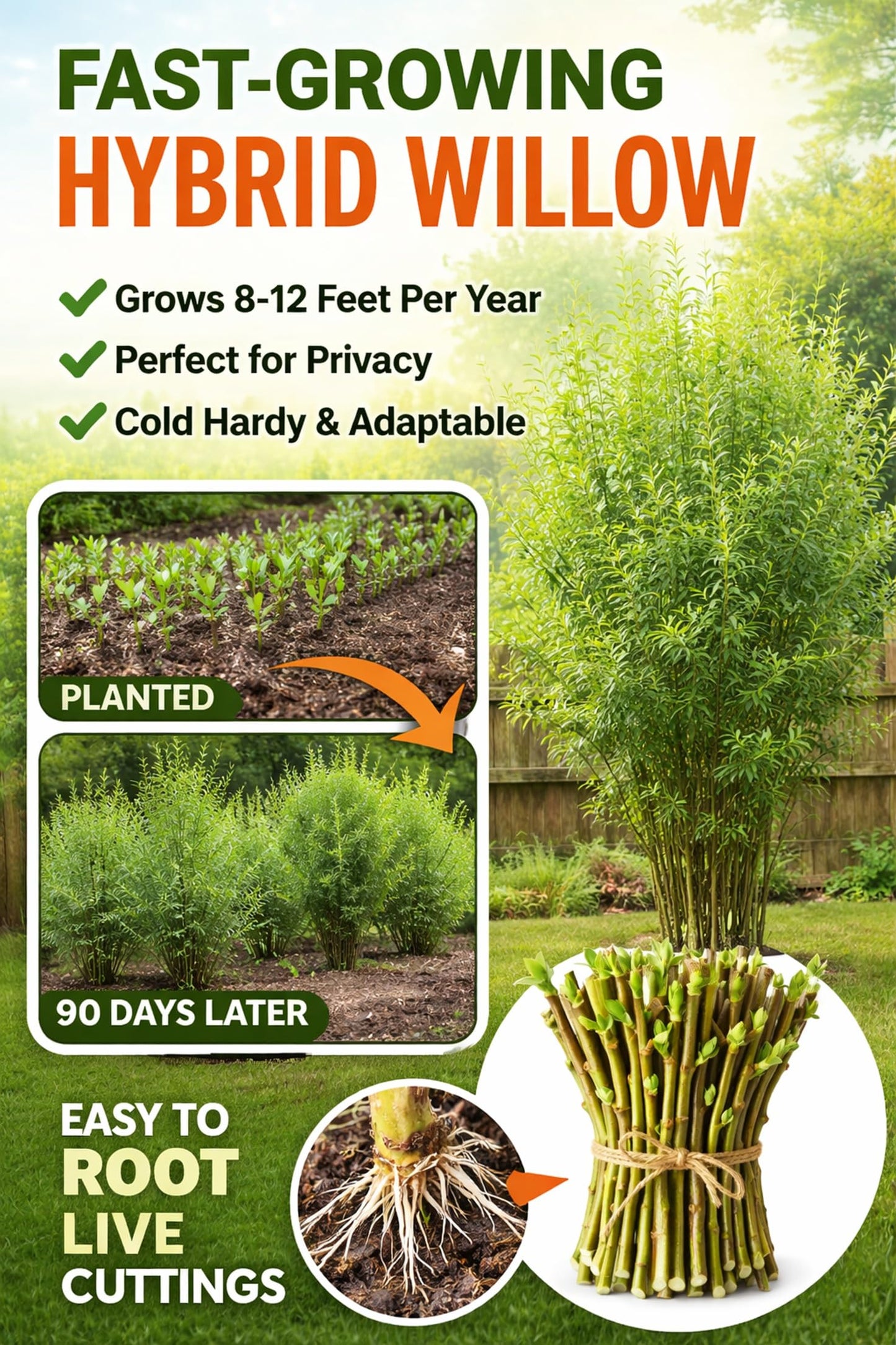 Hybrid Willow Tree Cuttings – Fast Growing Privacy & Shade Trees – Easy to Root Live Cuttings – Cold Hardy, High Yield Trees for Screens & Windbreak (5 Cuttings)