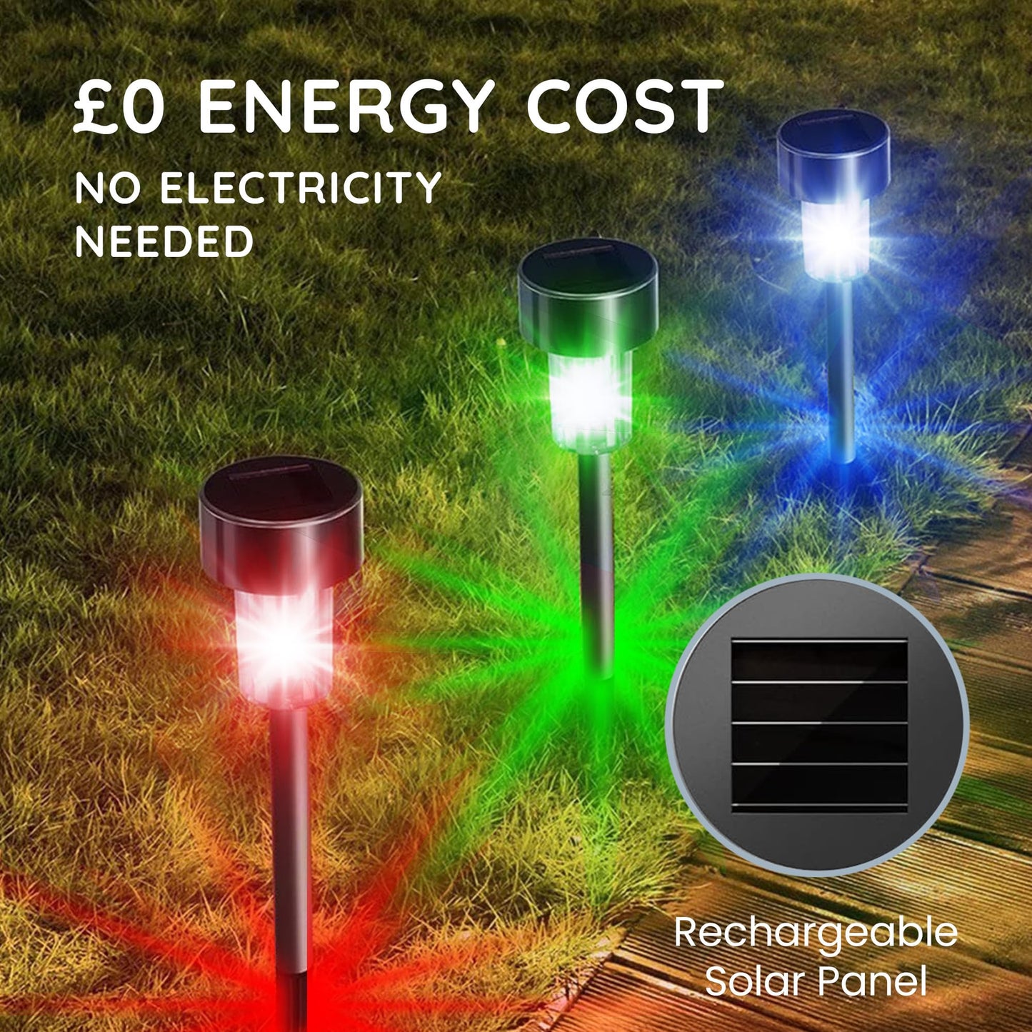 CUQOO Solar Garden Stake Lights – 10 Pack Colour-Changing LED, Weatherproof Stainless Steel Solar Lights for Outdoor Pathway Lighting – Rechargeable with Automatic Night Activation [Energy Class A+]