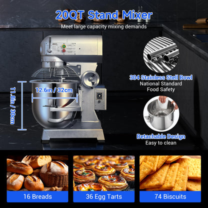 EKway 20Qt Commercial Stand Mixer with Timing Function,1100W Commercial Mixer 3-Speed Adjustable,Electric Stand Commercial Dough Mixer with Stainless Steel Bowl for Bakery Pizzeria