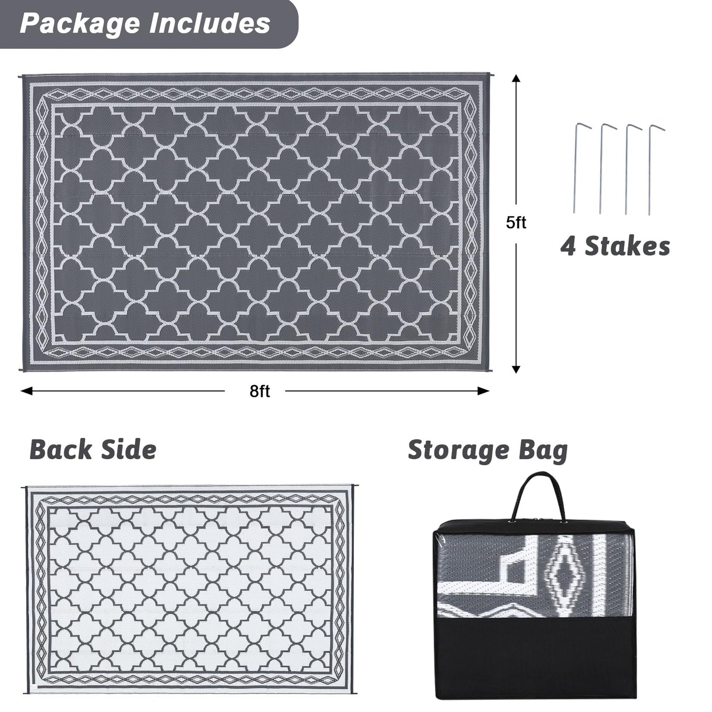 GlowSol Reversible Outdoor Rug 9x12 ft Clearance, Waterproof Outdoor Plastic Straw Rug with Carry Bag, Modern Geometric Patio Rug,RV Mat for Porch,Deck,Backyard,Camping,Balcony,Deck,Backyard,Grey