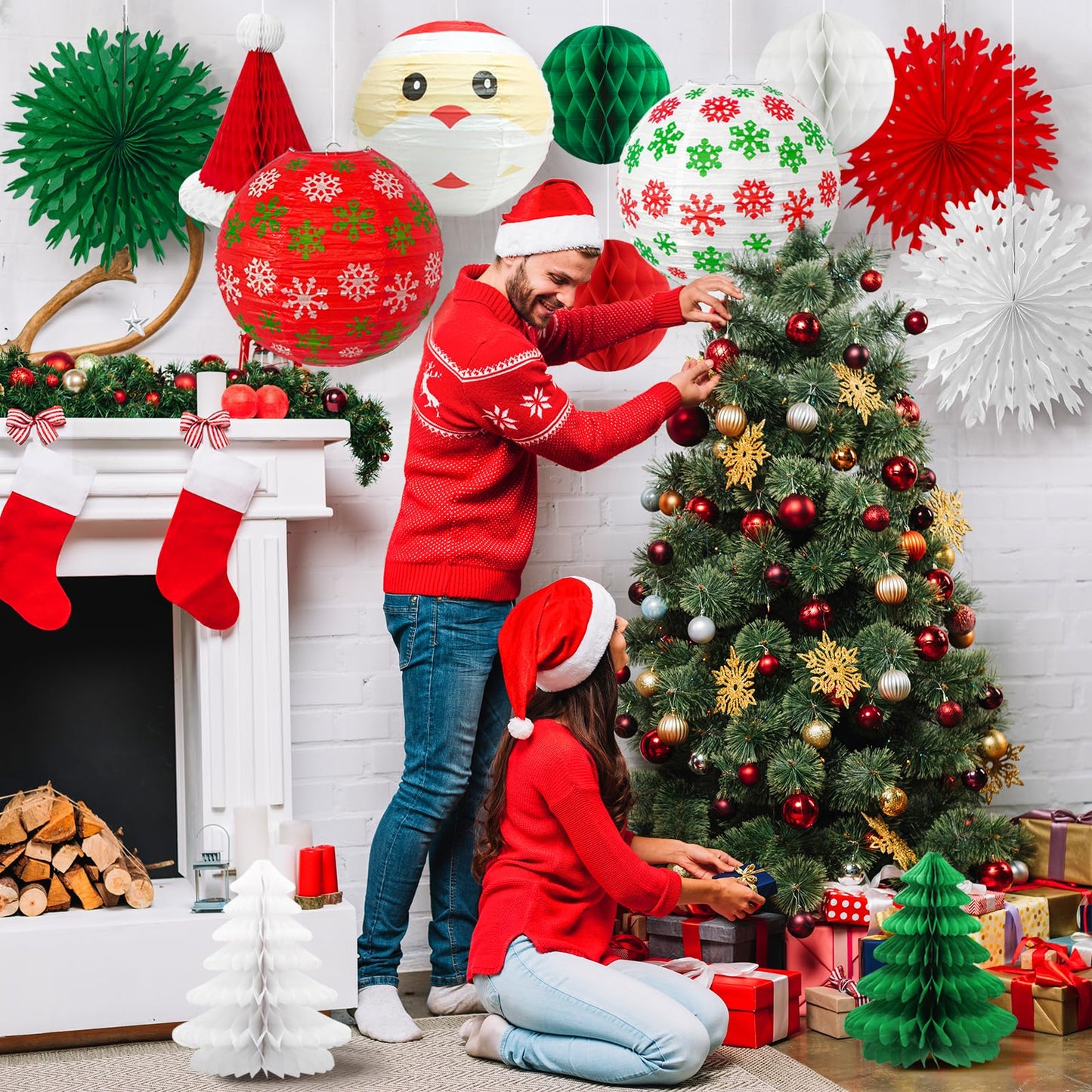 Christmas Honeycomb Paper Lantern Decoration Set, Hanging X-mas Party Supplies Including Christmas Hat, Trees Honeycomb Balls Lanterns, Paper Fans for Holiday XMAS Party Decor