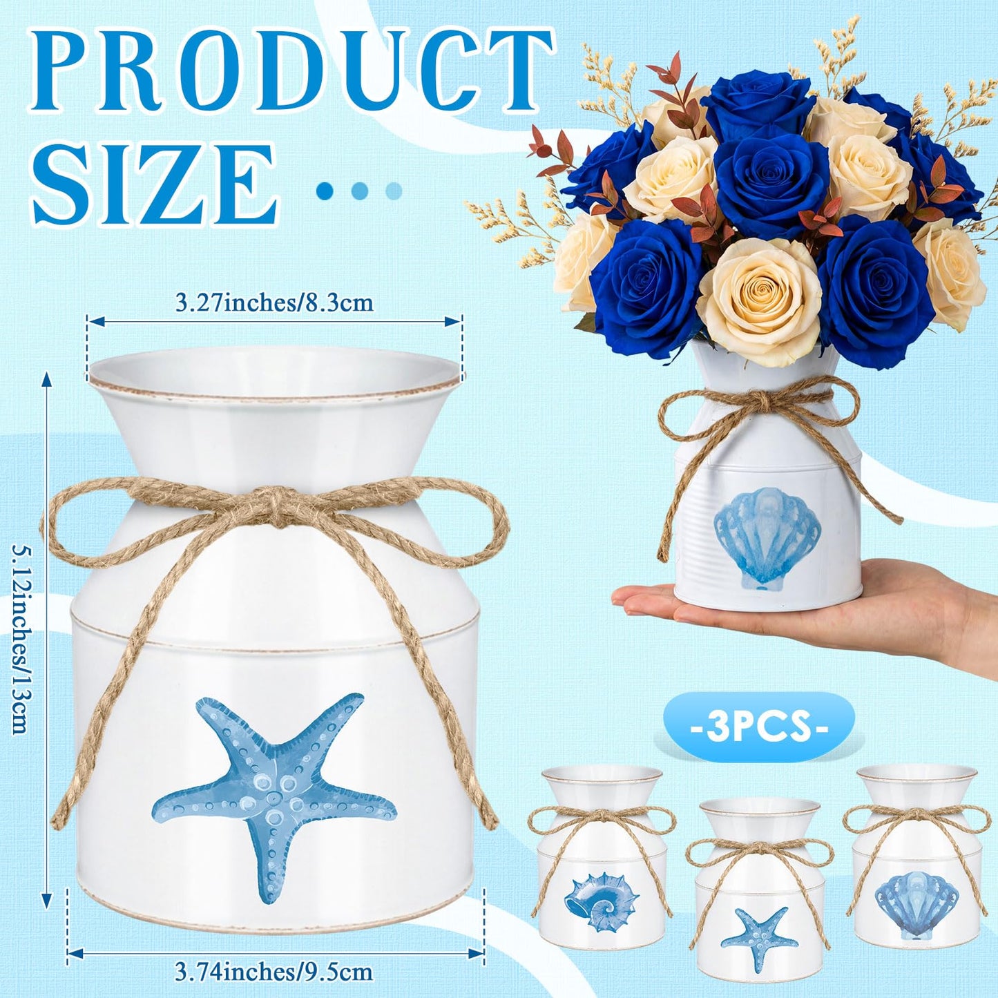 Domensi 3 Pcs 5.12" Beach Coastal Vase Table Decor Metal Seashell Starfish Conch Flower Bucket Farmhouse Ocean Centerpieces for Table Rustic Nautical Milk Can Jug with Twine Bow for Wedding Home Decor