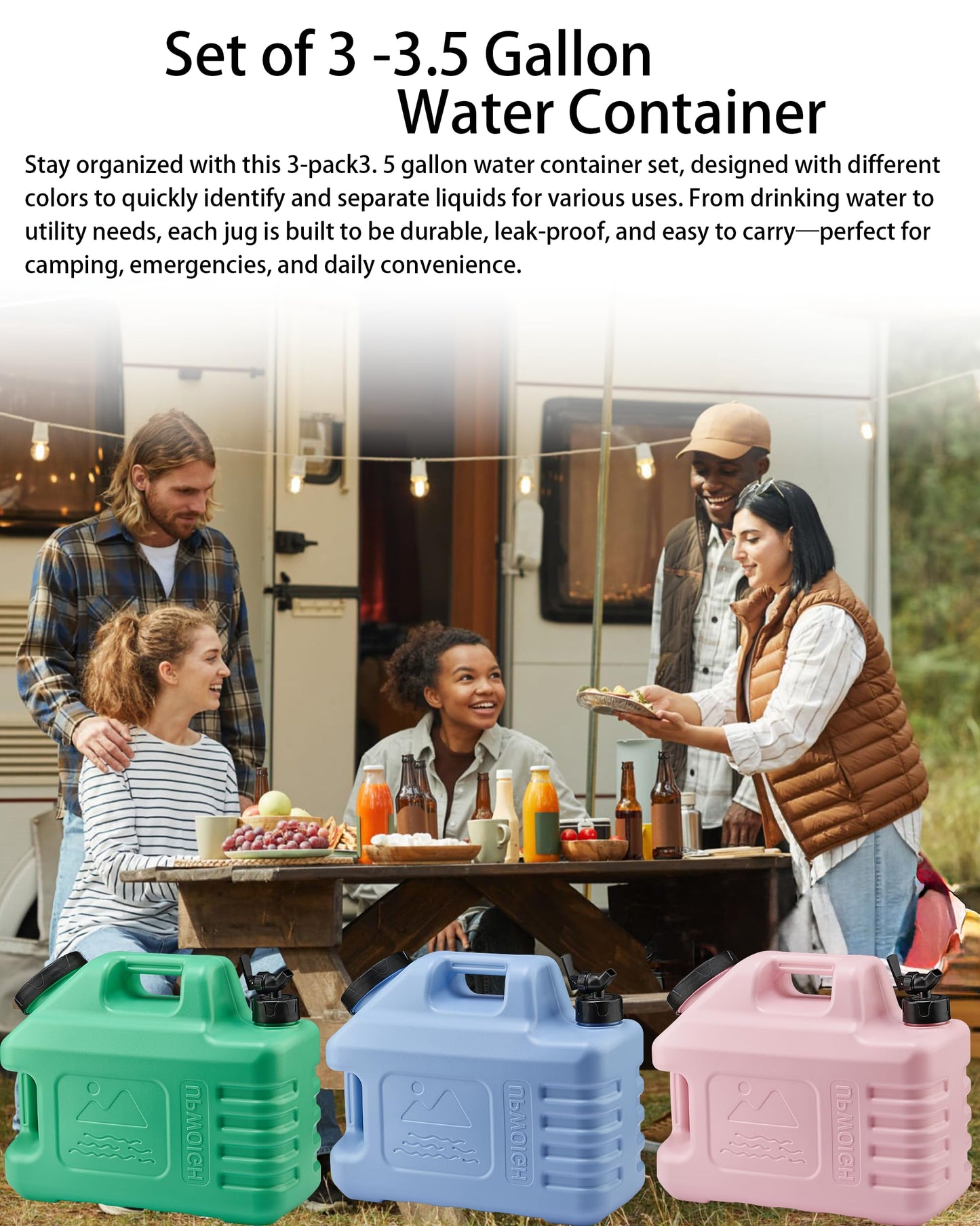 UPWOIGH 3.5 Gallon Water Jug 3 Pack, Leakproof Water Containers with Screw-Lock Lid & Spigot, BPA-Free Portable Water Storage for Camping Hiking Emergency (Forest Green, Light Blue, Coral Pink)