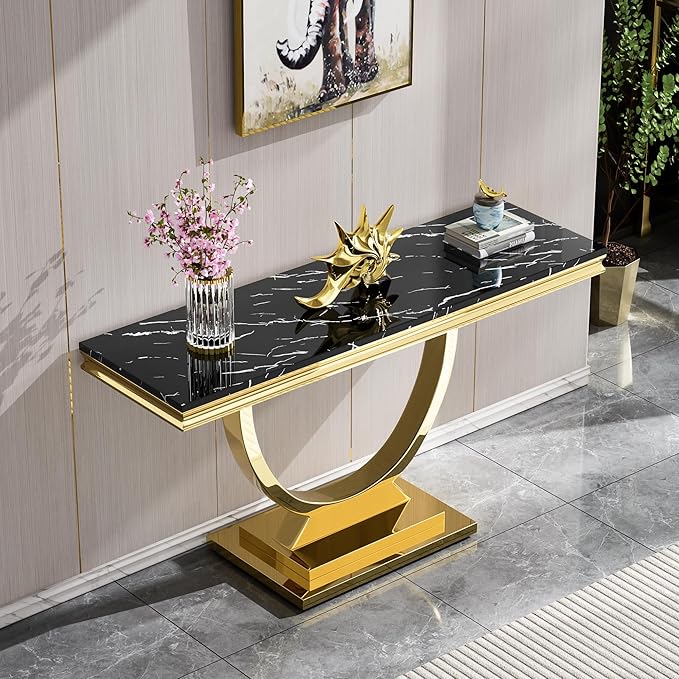 Henf 47" Marble Console Table Modern Black Faux Marble Entryway Table