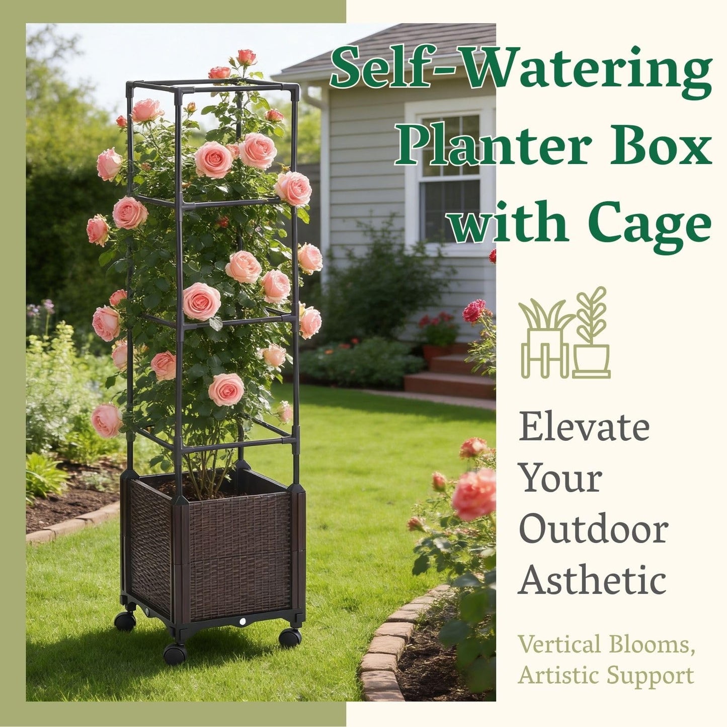 Raised Garden Bed Planter Box with Trellis | Self-Watering Tomato Planter with Wheels for Climbing Plants & Vegetable | Vertical Gardening Tomato Pot with Tomato Cage Indoor Outdoor Patio Greenhouse