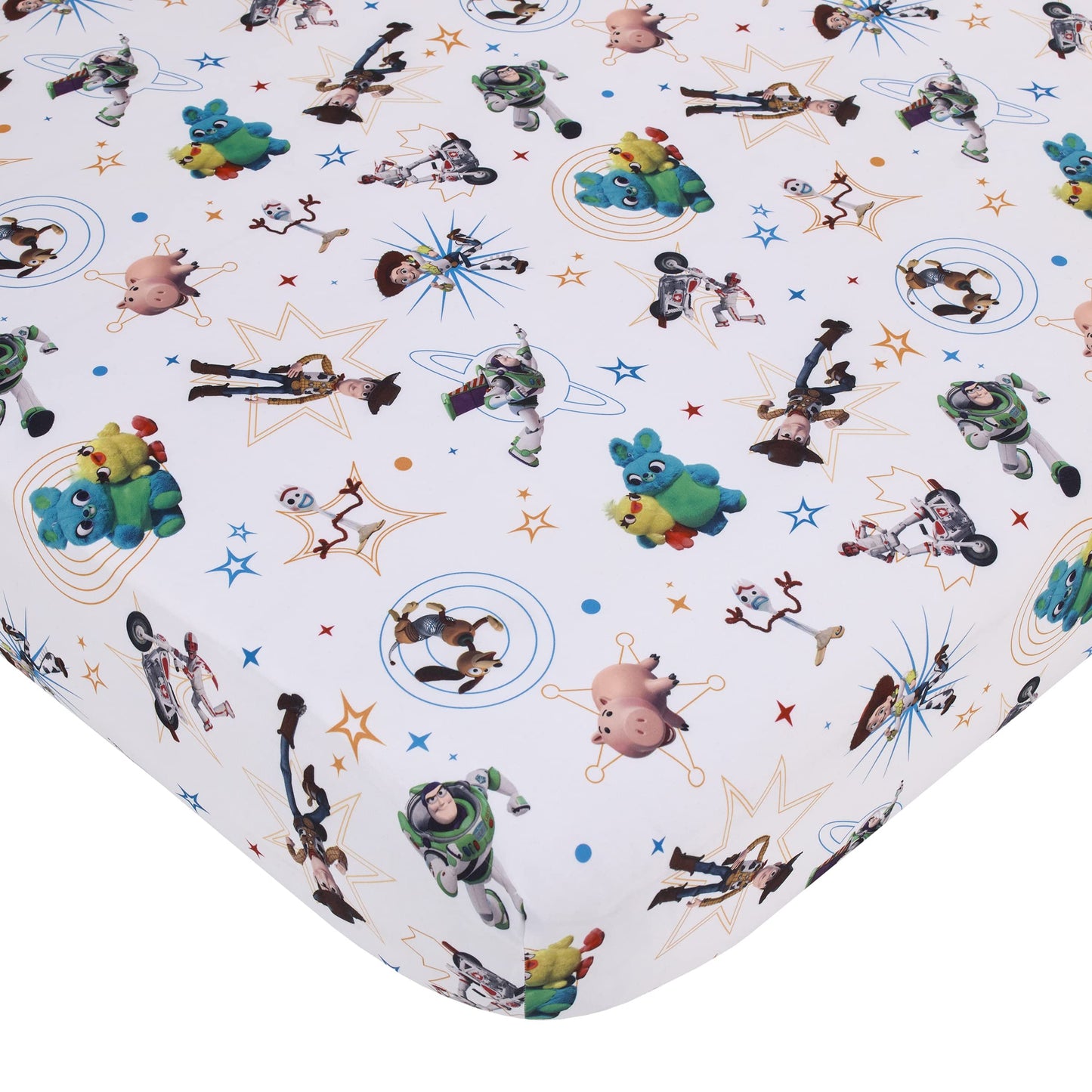 Disney Toy Story It's Play Time Blue, Green, Red, and Yellow, Woody and Buzz 4 Piece Toddler Bed Set - Comforter, Fitted Bottom Sheet, Flat Top Sheet, and Reversible Pillowcase