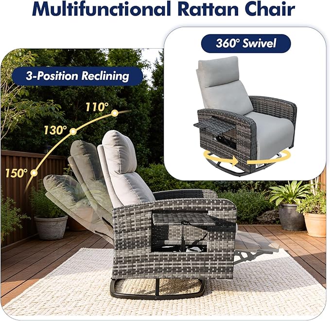 Outdoor Recliner Chair, Wicker Patio Recliners with Adjustable Backrest and Extended Foot Rest, Reclining Patio Chairs with Flip Table & Removable Cushion Cover for Porch