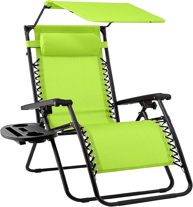Best Choice Products Folding Zero Gravity Outdoor Recliner Patio Lounge Chair w/Adjustable Canopy Shade, Headrest, Side Accessory Tray, Textilene Mesh - Lime Green