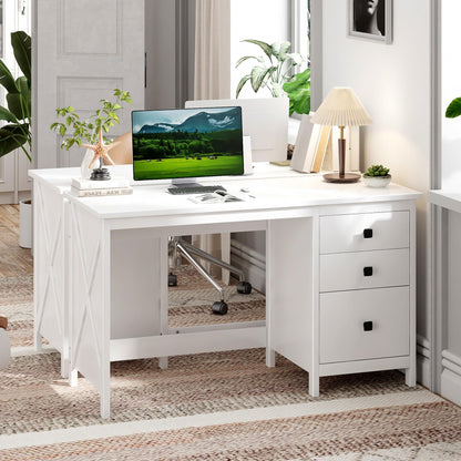 JSB 47.2'' White Computer Desk for Home Office,Farmhouse Executive Desk with 3 File Drawers,Study Writing Table Storage Cabinet,Makeup Vanity Desk for Bedroom (White, 47.2in)