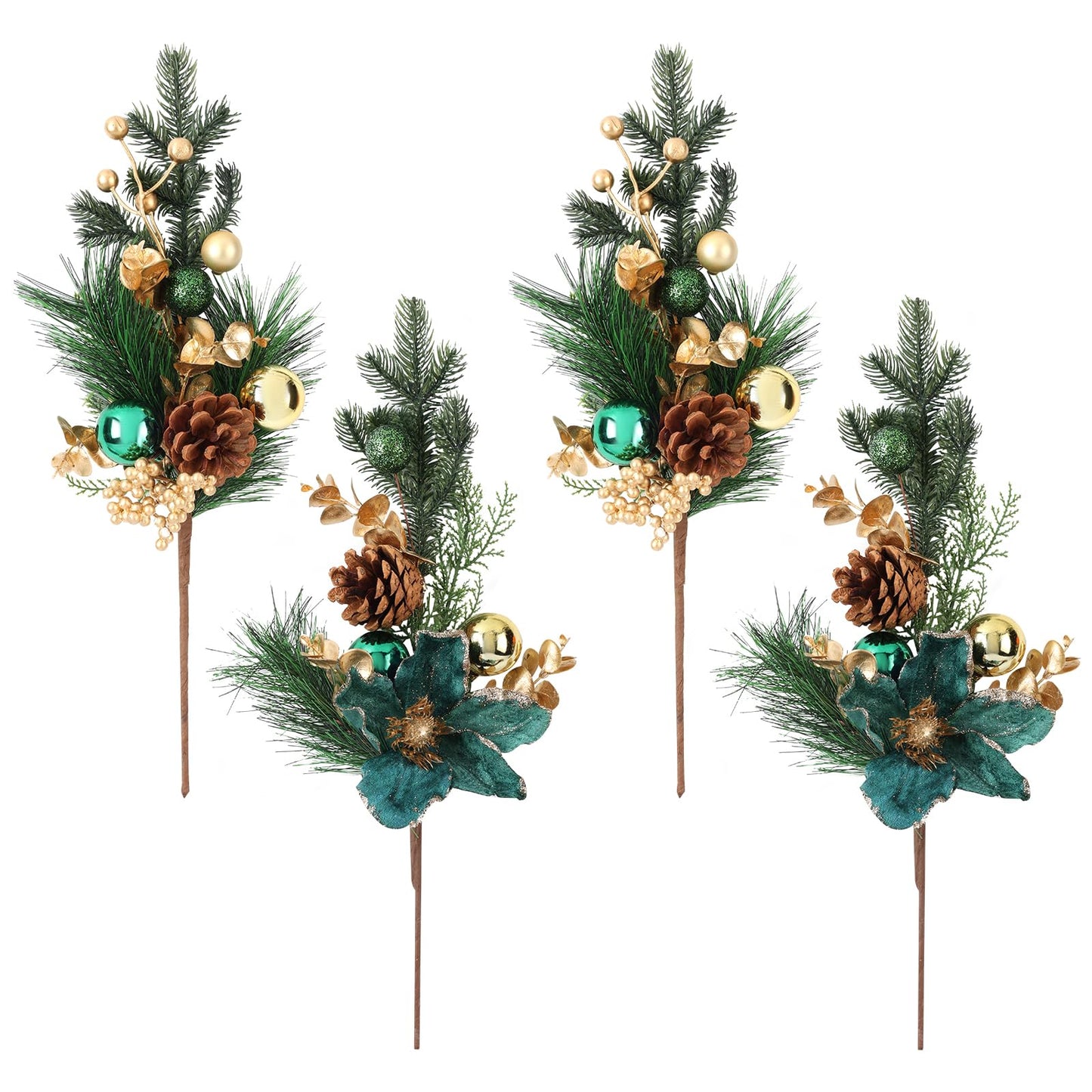 Fiarbrty 18 Inch Christmas Floral Picks and Sprays, 4 Pack Christmas Decorations with Gold Balls, Pinecones, Blue Eucalyptus & Berry Stems for DIY Wreath, Christmas Tree, Mantel, Table Centerpiece