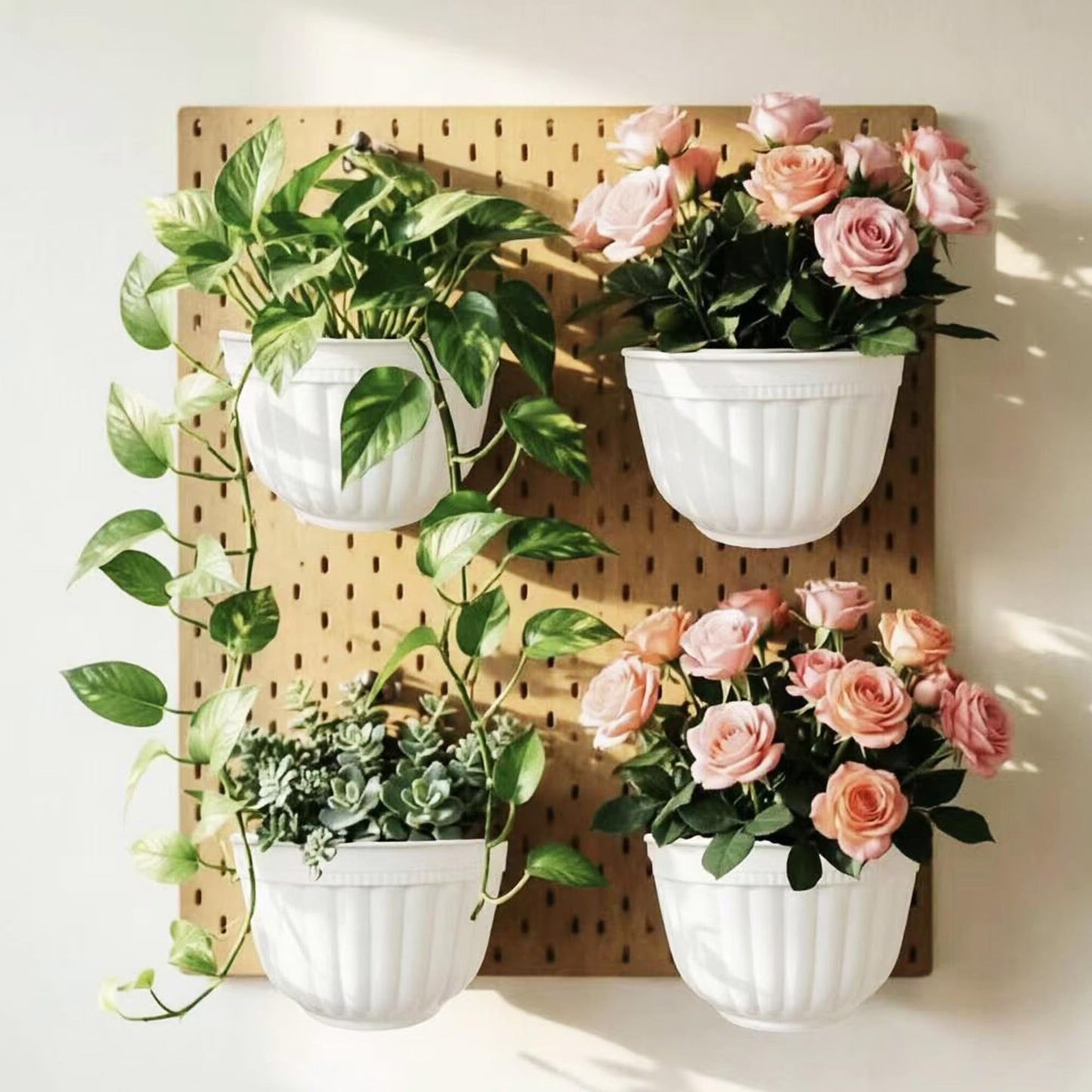 ORIMERC 4 Pack White Wall Planter Pots Vertical Living Wall Hanging Planters Wall Mounted Planter Holder with Drainage Hole for Indoor Outdoor Plants Wall Decor with Hooks/Screws