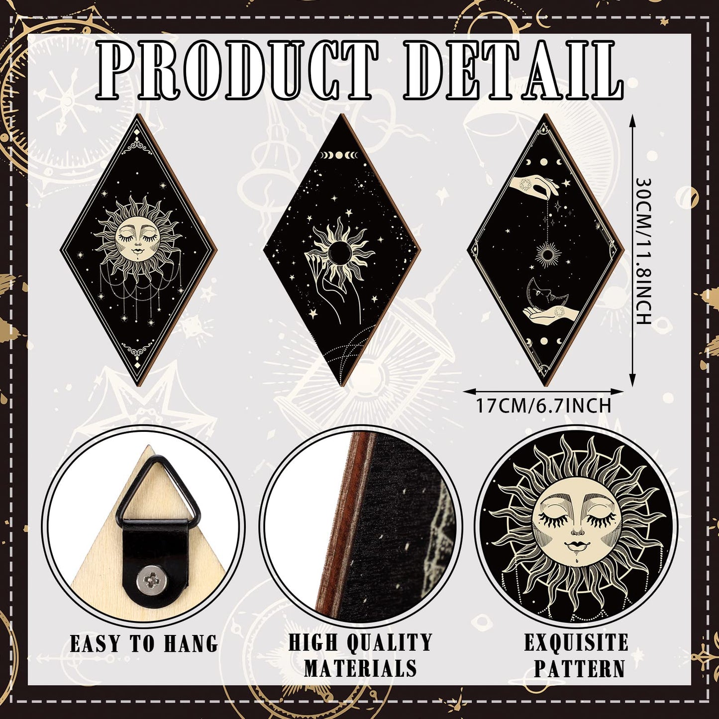 Sintuff 6 Pieces Gothic Wall Decor Boho Sun Moon Phases Wall Art Gothic Minimalist Stars Sun Hanging Wooden Home Decor Farmhouse Pediments for Gallery Living Bedroom Room(Boho)