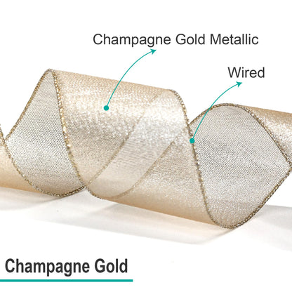 CT CRAFT LLC Champagne Gold Metallic Wired Ribbon 2.5 inch x 10 Yards for Christmas Home Decor Tree Topper Bow Gift Wrapping DIY Crafts Wreath Garland Wedding
