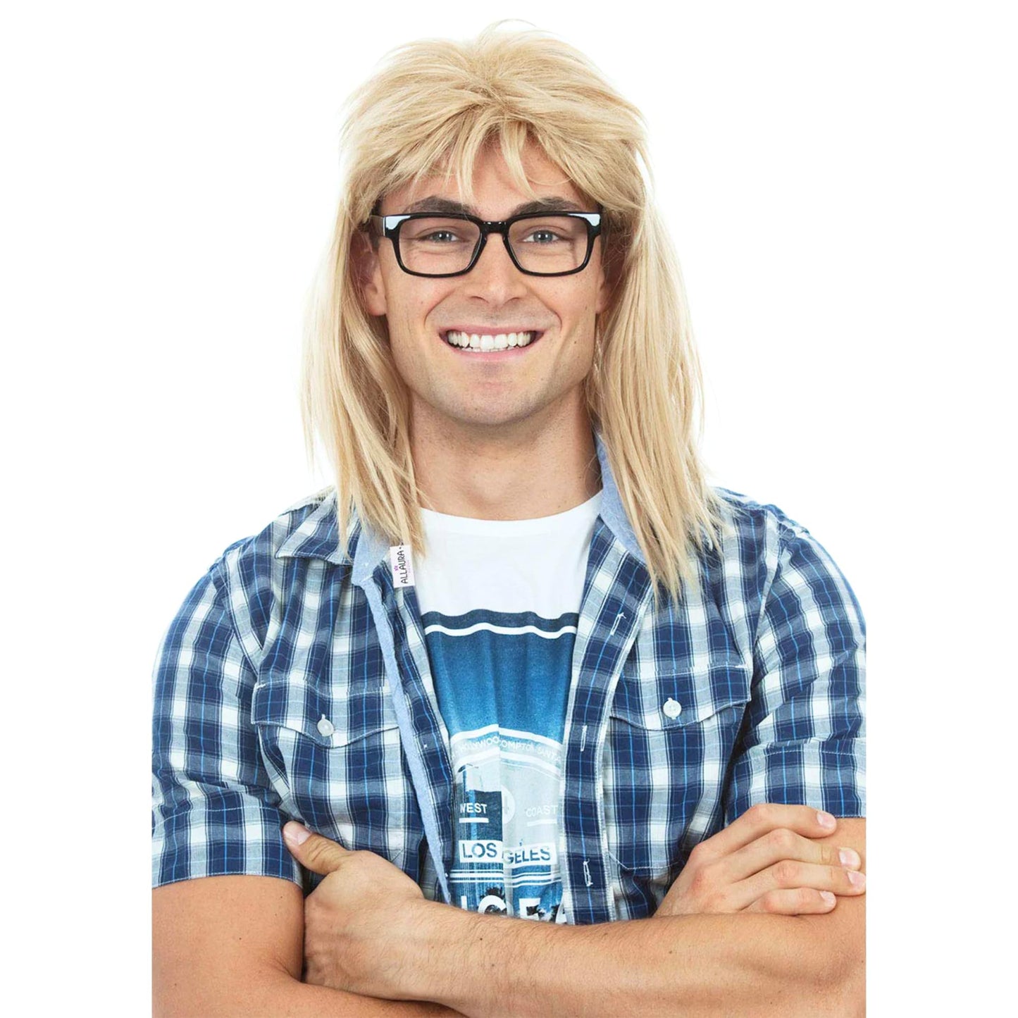 ALLAURA - Garth Algar Wig 90s Guitar Rocker Blonde Mullet Wig + Black Glasses - Mens 80s Punk Heavy Metal Blonde Mullet Wigs