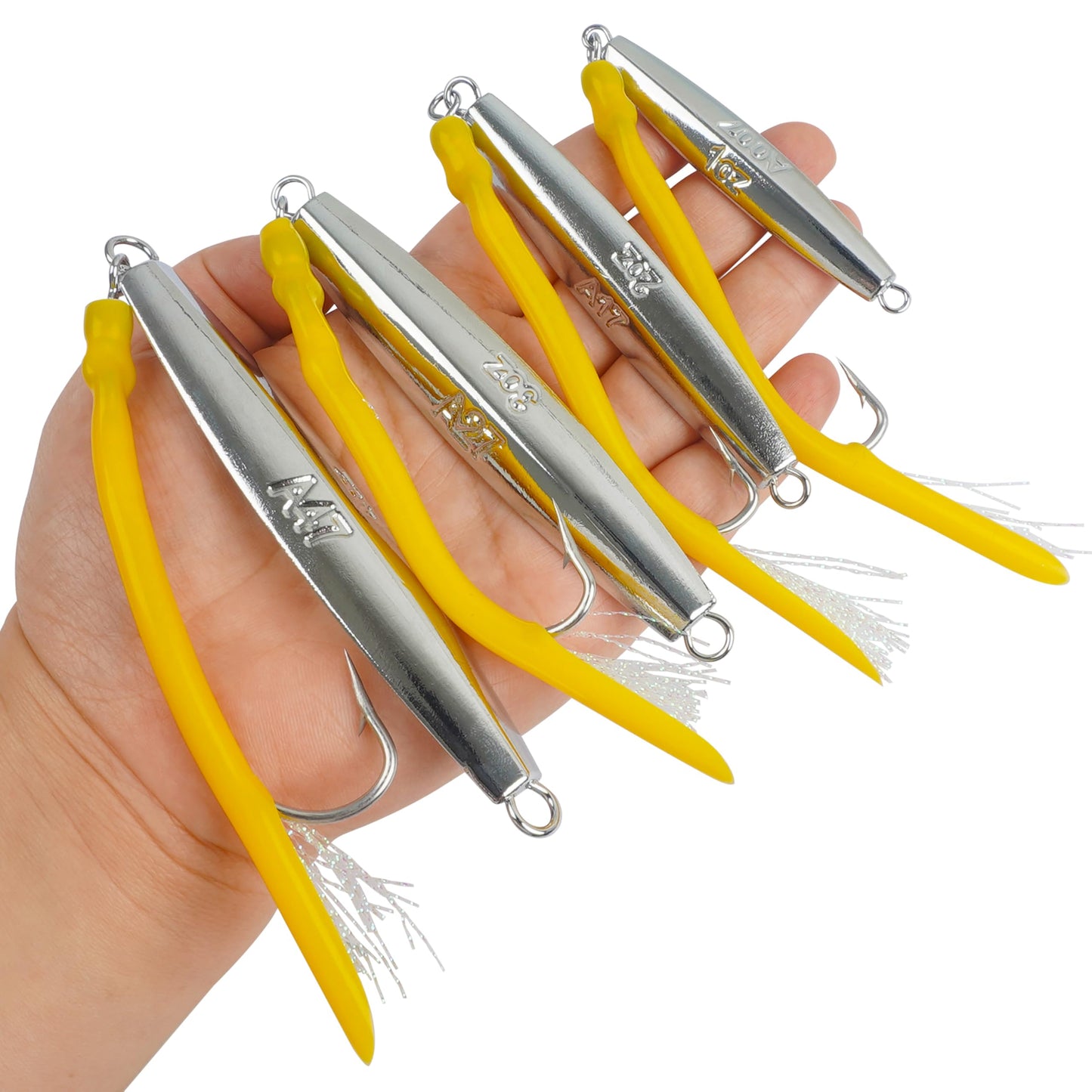 Diamond Jig Saltwater Fishing Lures Casting Jigging Spoon with Tube Tail Stainless Steel Hooks Trolling Lures Striped Bass Metal Jig for Deep Sea Surf Fishing Bottom Dragging Sinking