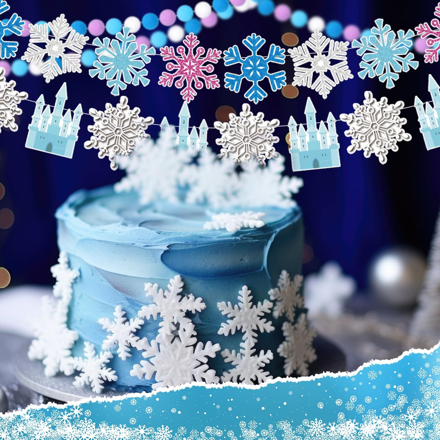 Fanfanwin 5 Pcs Snowflake Happy Birthday Banner Blue Snowflake Banner with Felt Castle Decorations Winter Holiday Party Decorations for Birthday Christmas